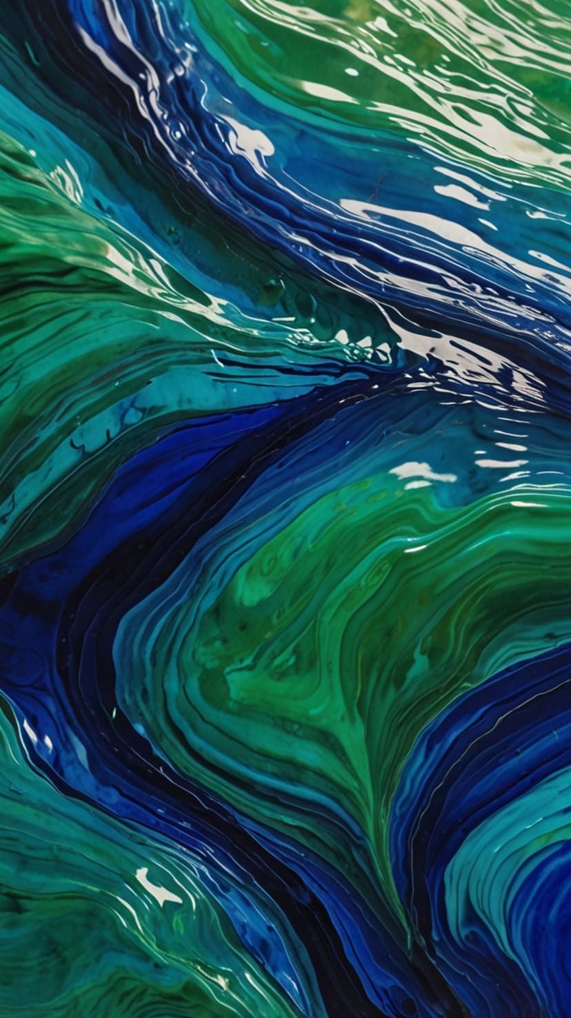 Deep blue and bright green liquid swirls intertwining in a marbled pattern with organic, flowing shapes.