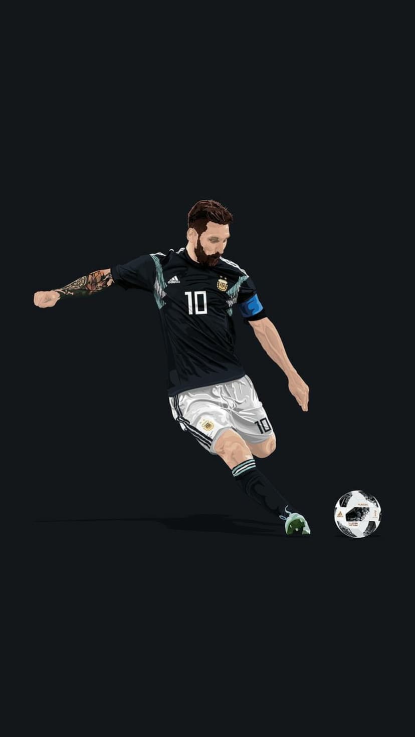 Lionel Messi in an Argentina jersey strikes a soccer ball against a solid black background in a minimalist style.