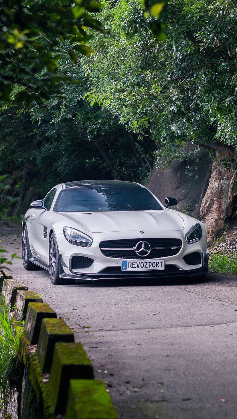 Mercedes-AMG GT S in white sits on a forest road with moss-covered barriers and dense green trees behind it.
