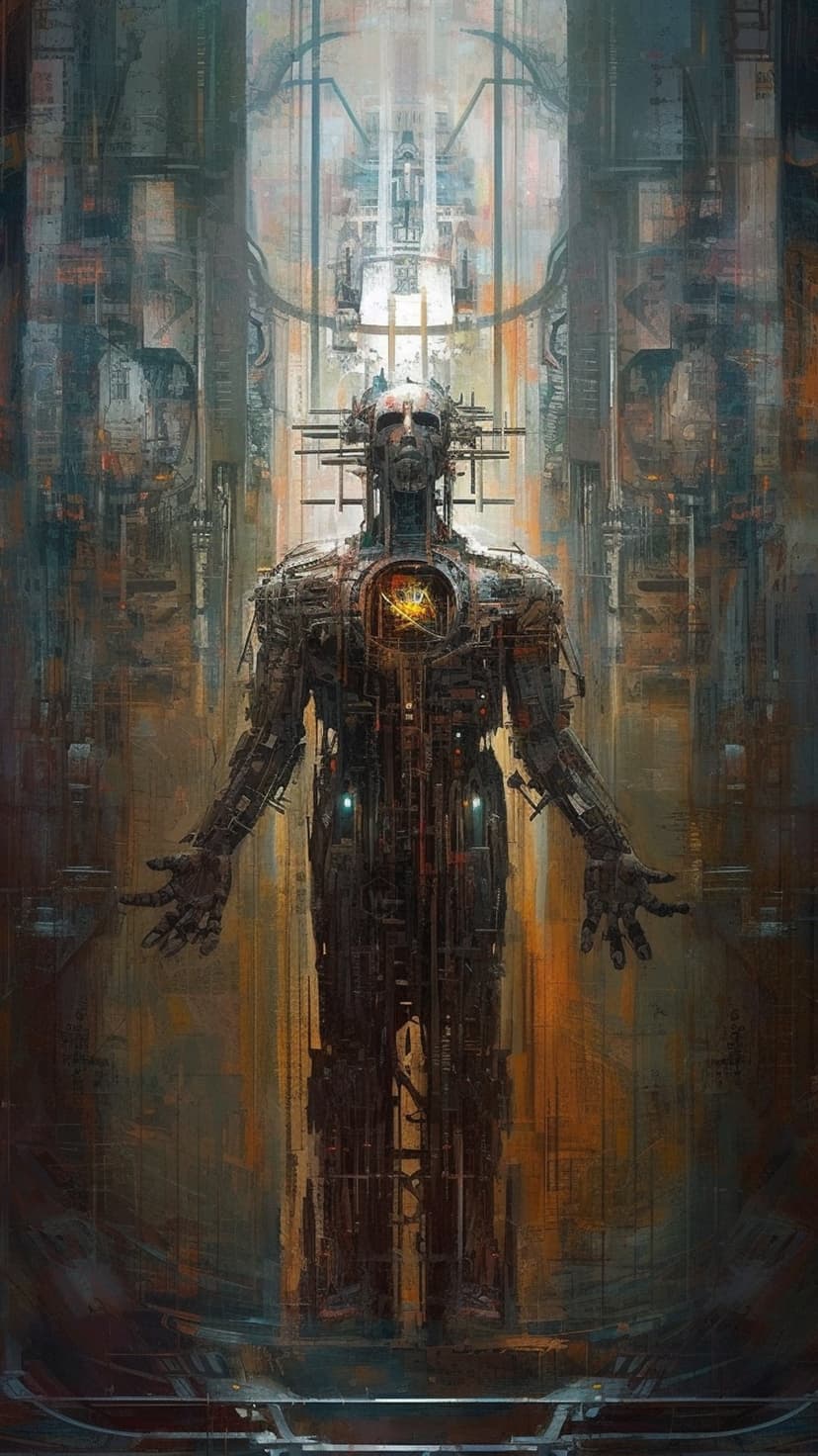 Towering cybernetic android with a glowing orange chest core stands inside a dark, metallic industrial warehouse.