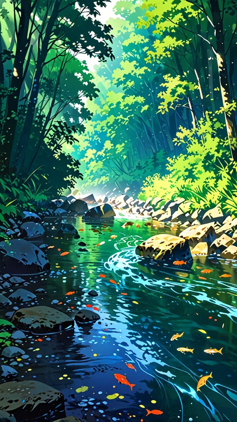 Colorful koi fish swimming in a sunlit forest stream with light rays filtering through green tree canopies.