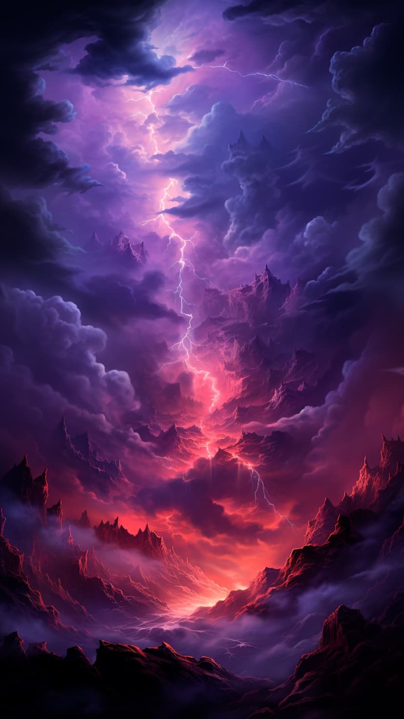 White lightning bolts strike through purple clouds above jagged mountain peaks with a glowing red base.