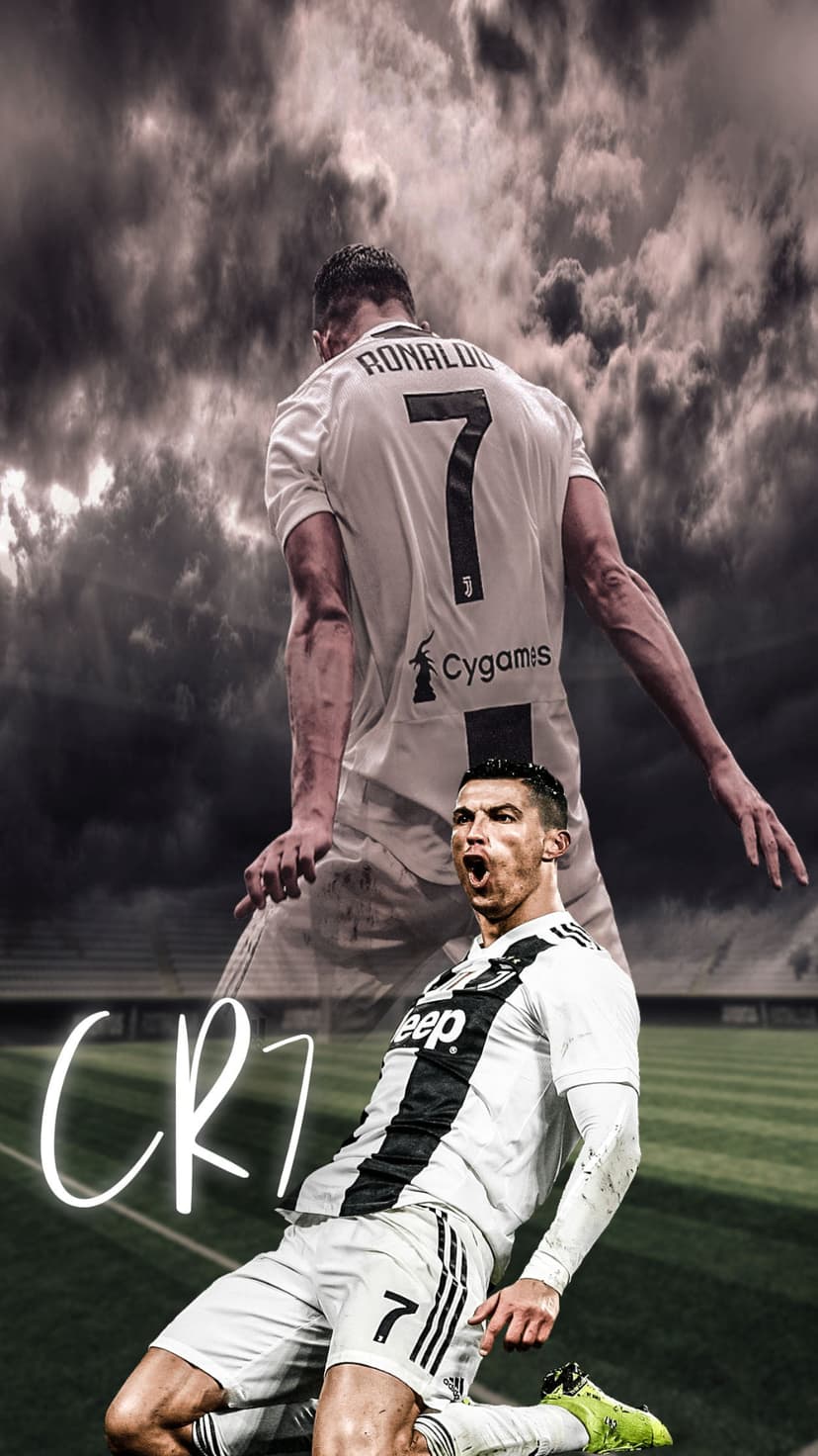 Cristiano Ronaldo in a Juventus jersey stands before a dark cloudy sky with a prominent CR7 logo in the background.