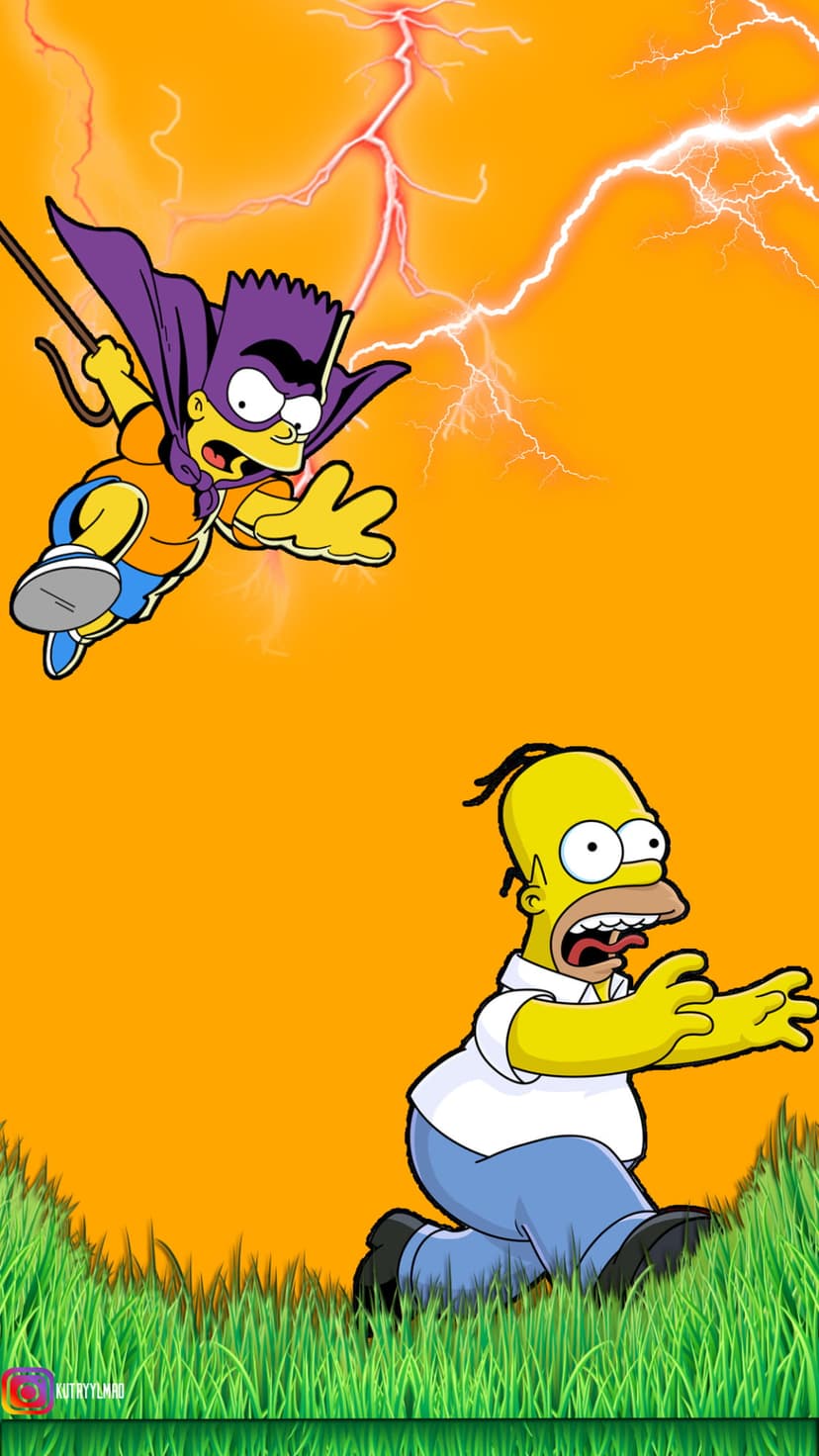 Bart Simpson in a Batman costume leaps over a panicked Homer Simpson in a grassy field under a lightning storm.