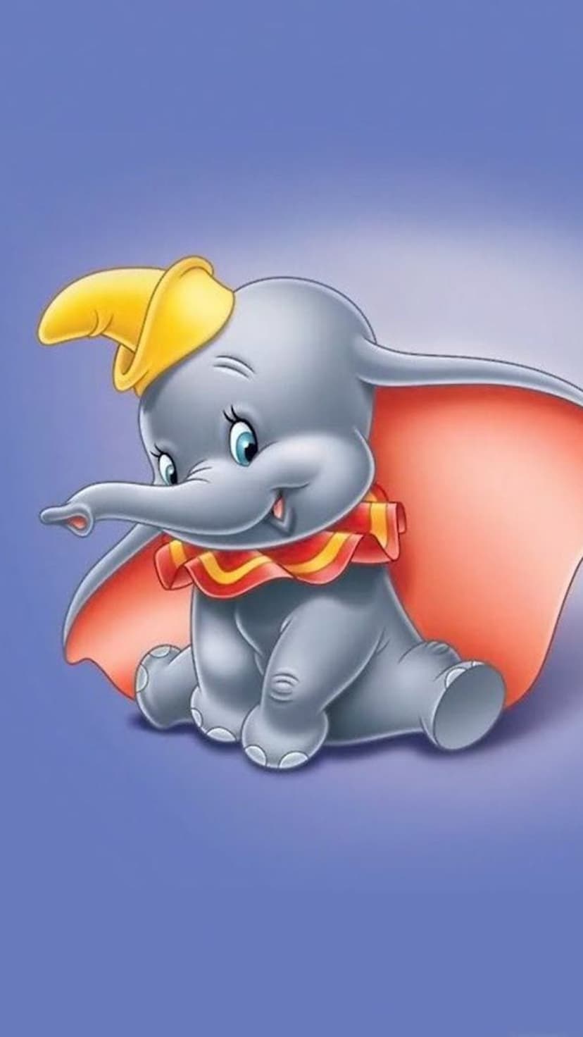 Dumbo the baby elephant sits with wide ears, wearing a yellow hat and striped collar on a purple background.
