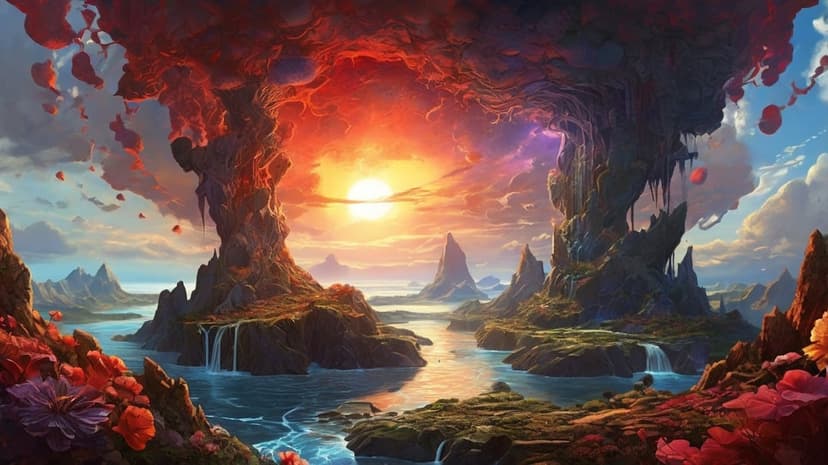 Giant rock formations shaped like trees stand near waterfalls and red plants under a swirling sunset sky.