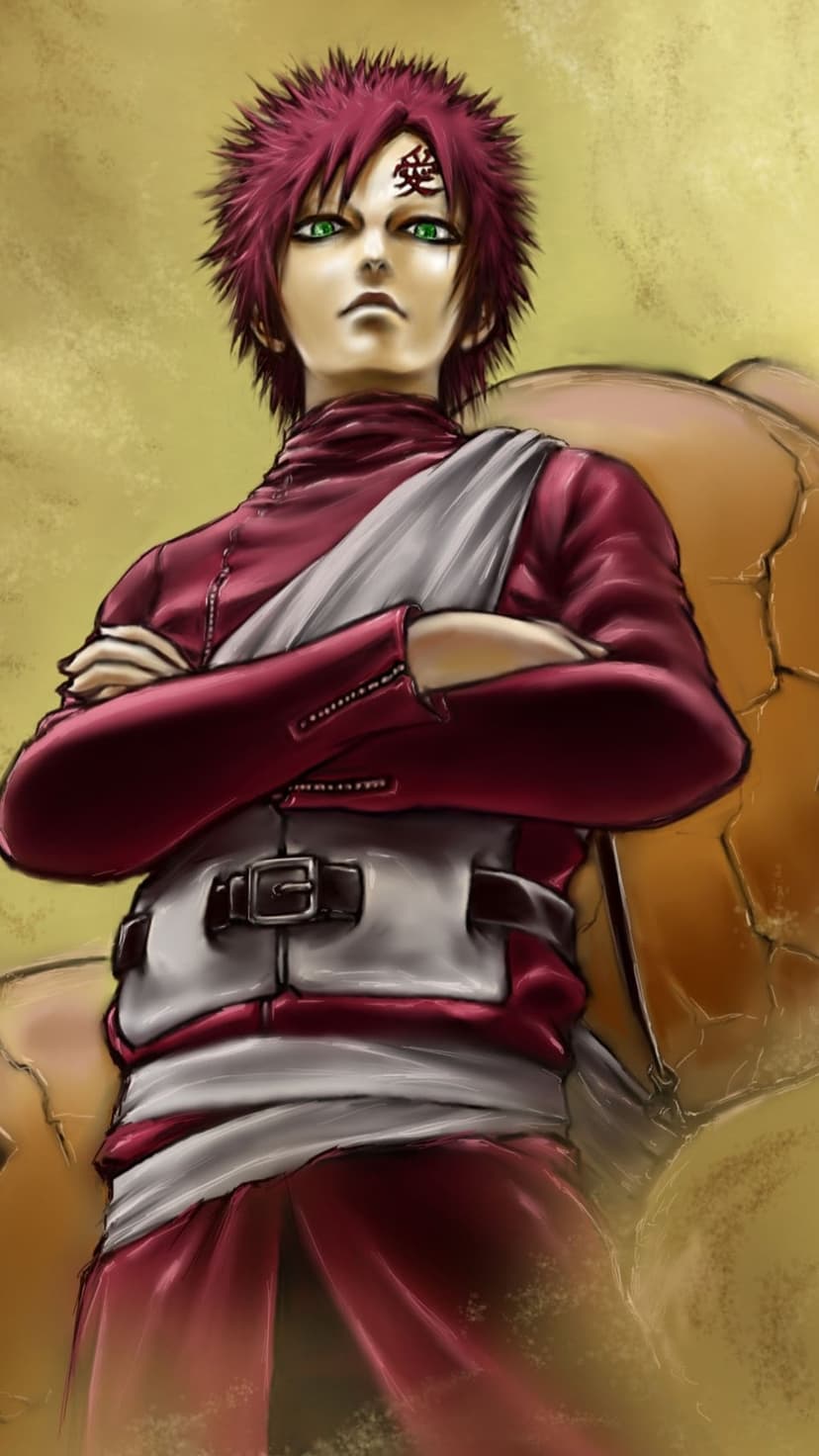 Gaara with red hair and a forehead kanji stands with crossed arms while desert sand swirls around him.