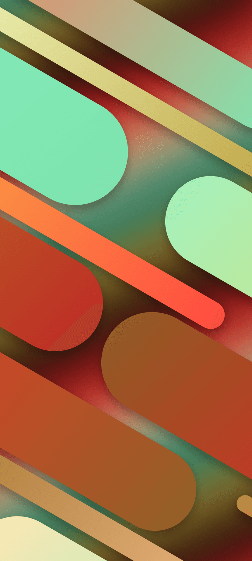 Overlapping rounded rectangular shapes featuring a gradient of mint green, yellow, orange, and deep red.