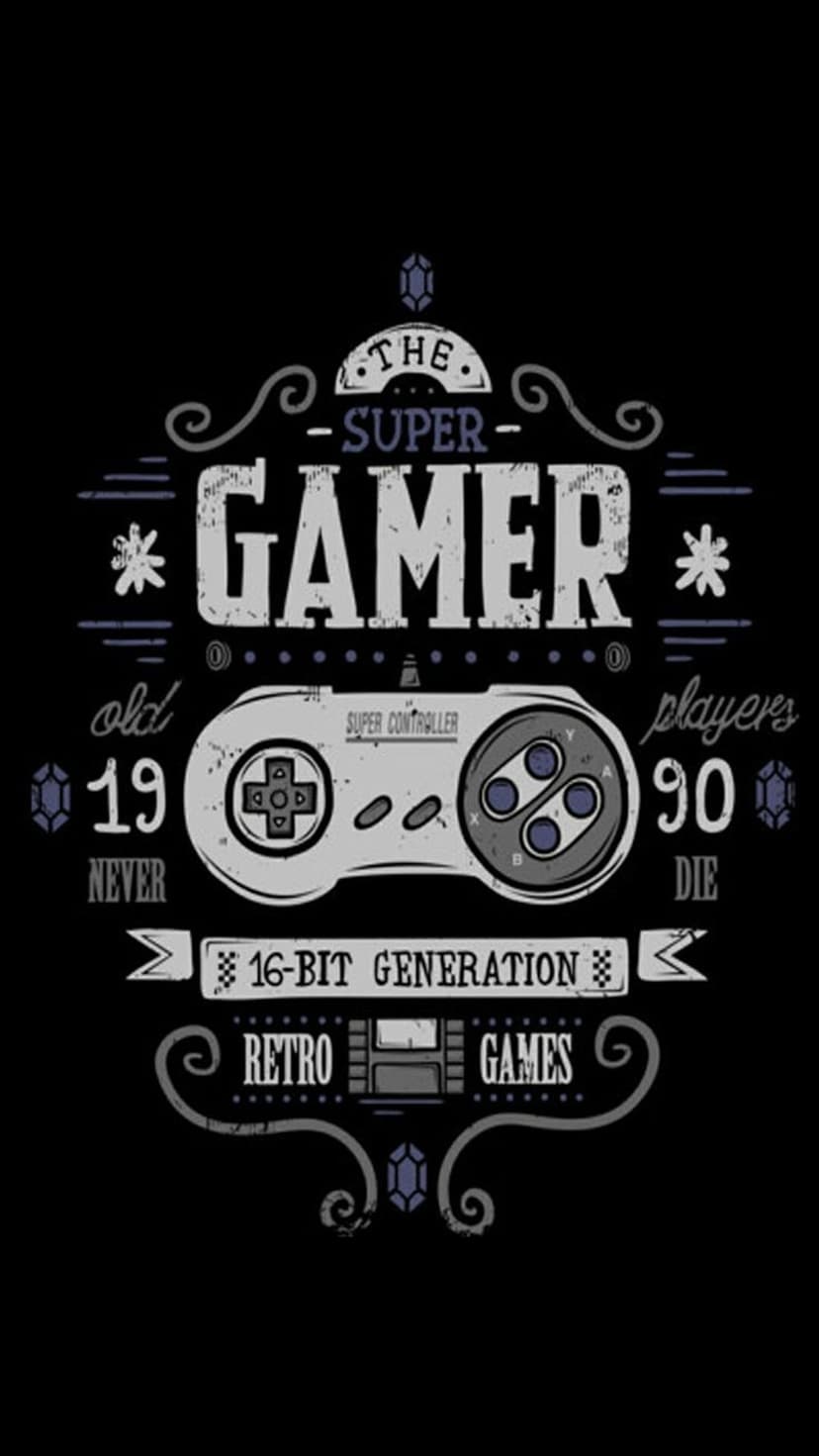 Gray 16-bit game controller with colorful buttons and 1990 text centered for a vertical smartphone background.