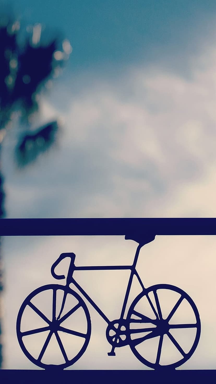 Classic bicycle silhouette positioned against a hazy pastel blue and pink sky with soft clouds and a blurred tree.