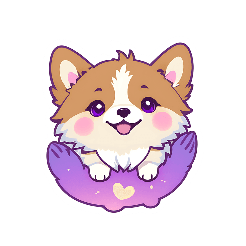 Corgi puppy die-cut graphic sitting on a purple cloud pillow with a yellow heart and white outline border.