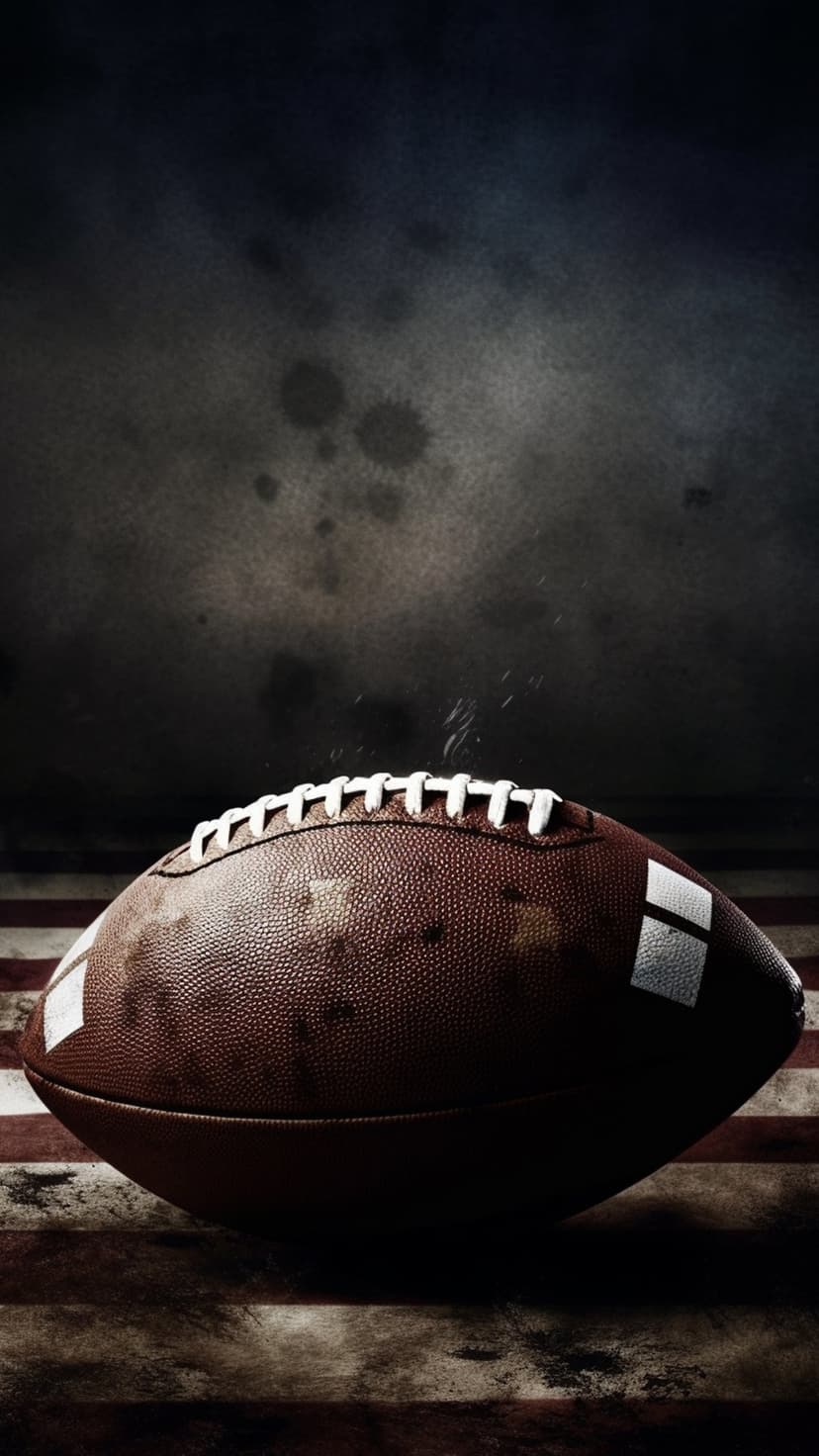 American football rests on a weathered stars and stripes flag under a dark, textured sky with gritty splatters.