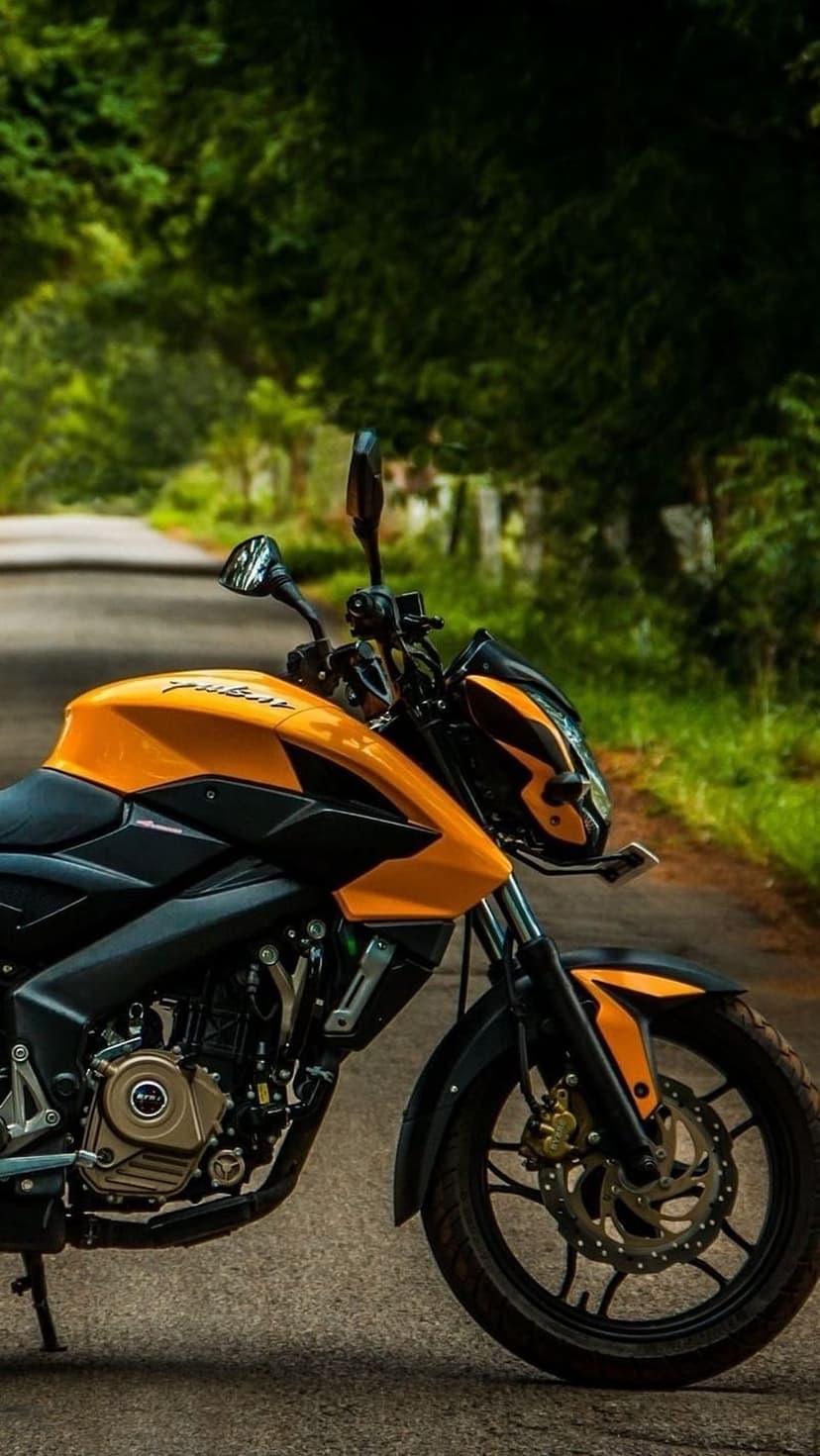 Orange and black sportbike motorcycle parked on a paved forest road surrounded by dense green trees and foliage.