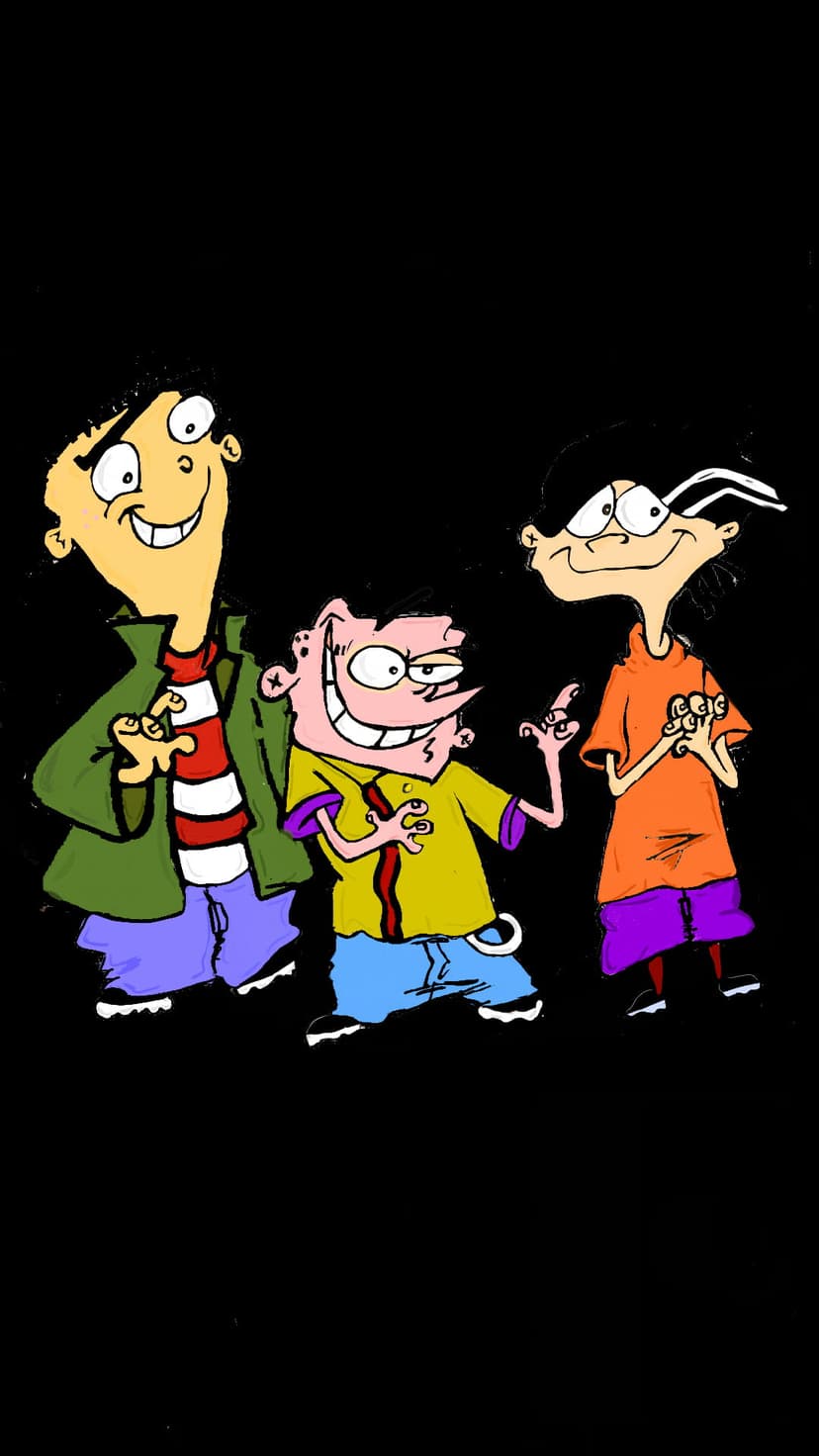 Ed, Double D, and Eddy pose together in the cul-de-sac with colorful outfits and expressive faces.
