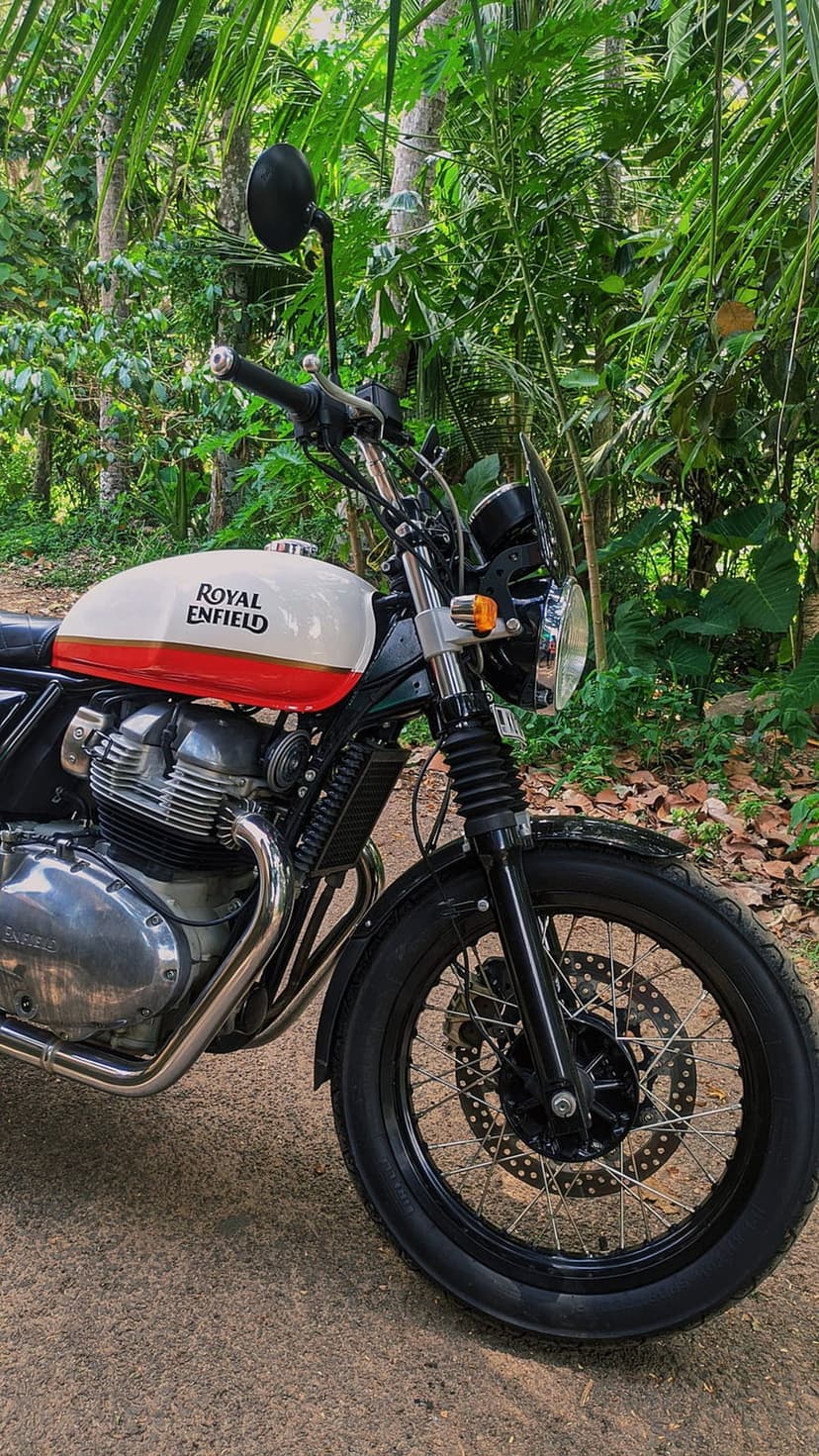Royal Enfield motorcycle with a white and red tank parked on a dirt trail surrounded by green tropical plants.