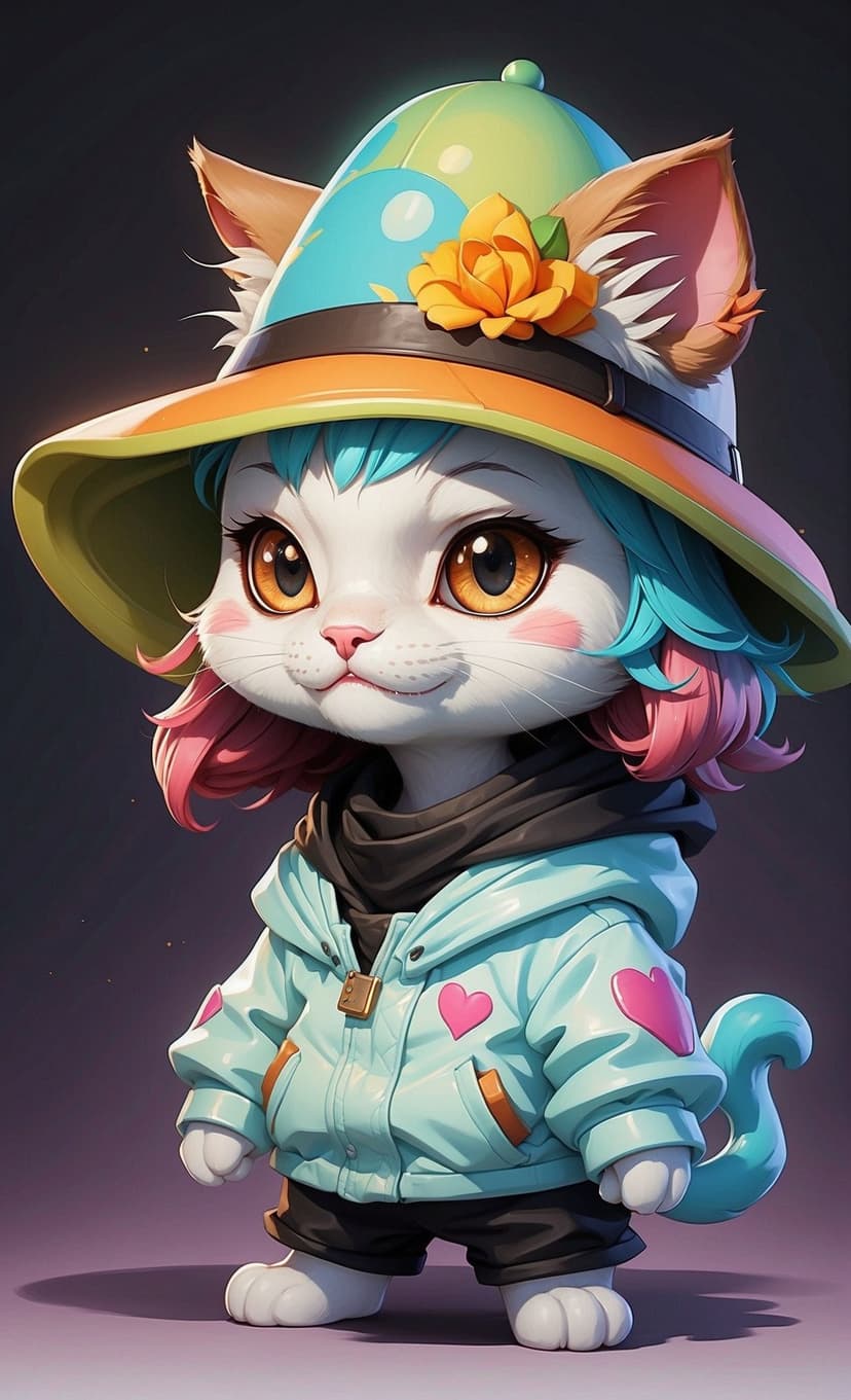 White cat with pink and blue hair wearing a blue heart hoodie and floral hat against a dark background.