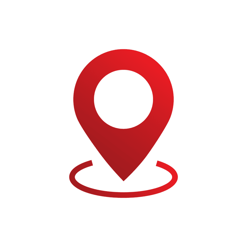 Red map pin icon emits a translucent circular radius signal against a transparent background for navigation.