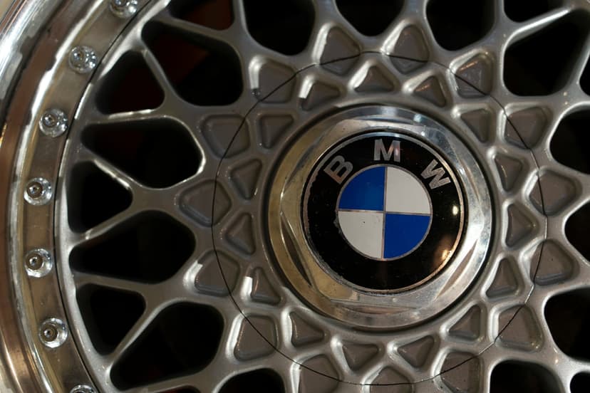BMW circular emblem centered on a silver alloy wheel with metallic spokes and intricate macro texture details.