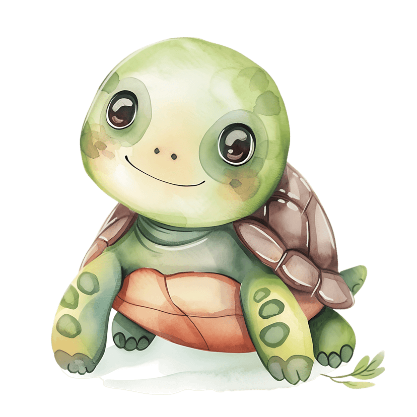 Watercolor turtle character features a green shell and orange belly next to a small sprig of green leaves.