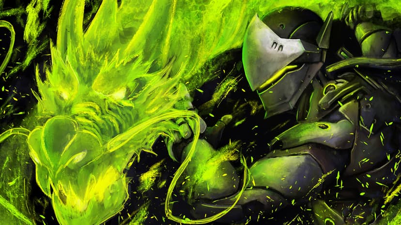 Silver armored cyborg ninja summoning a vibrant green spectral dragon with glowing eyes in a dark scene.
