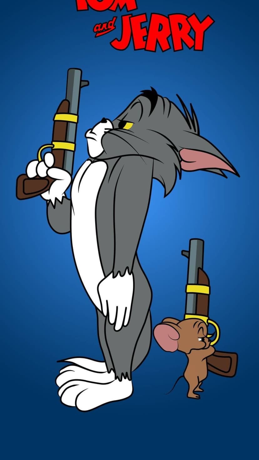Tom the grey cat and Jerry the mouse hold shotguns against a blue backdrop with the series logo at the top.