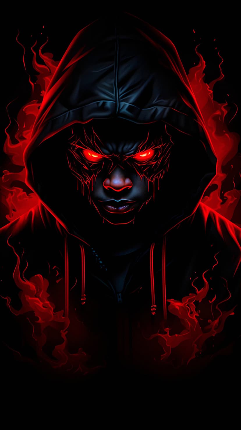 Hooded figure with glowing red eyes surrounded by rising embers and thick dark smoke against a black background.