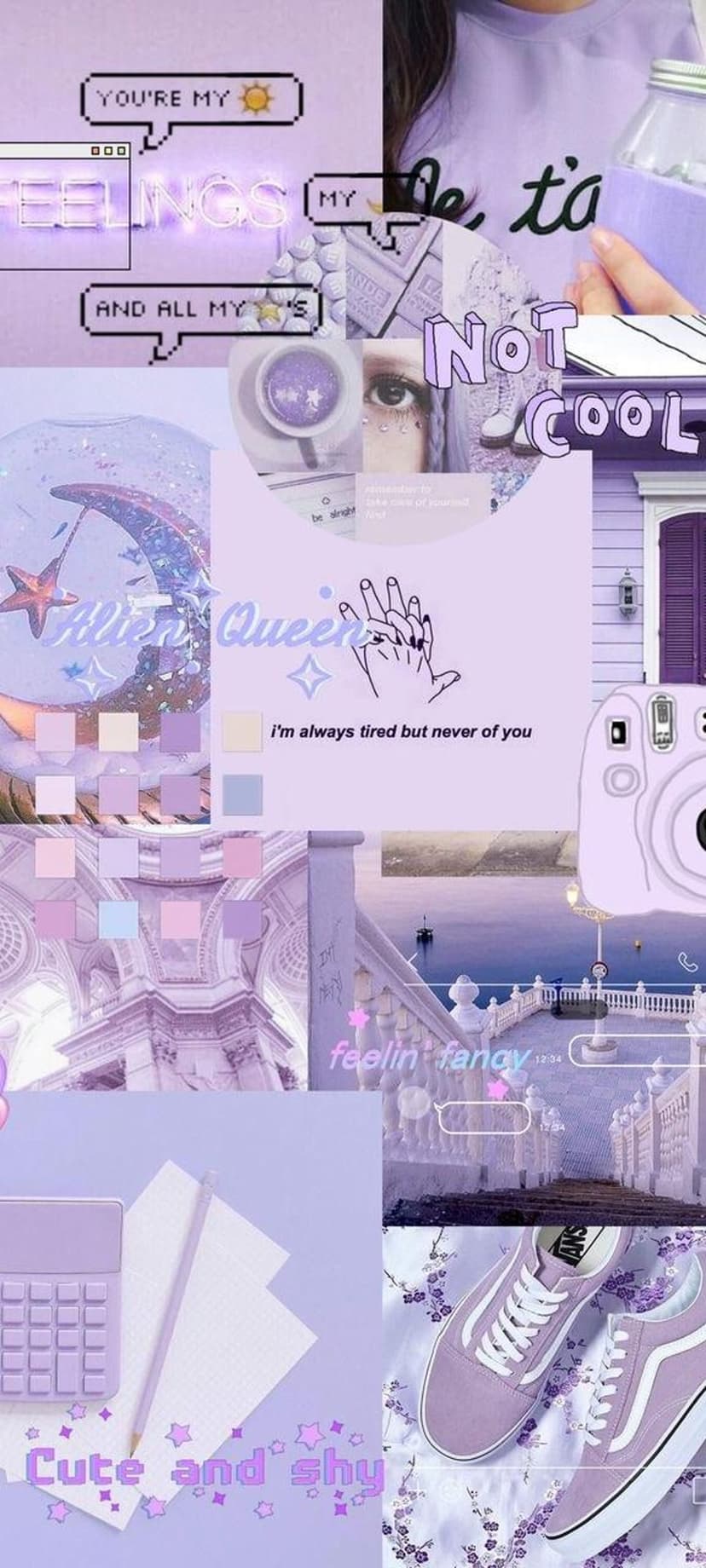 Crescent moon surrounded by purple glitter, neon text, and whimsical collage elements in a vertical layout.