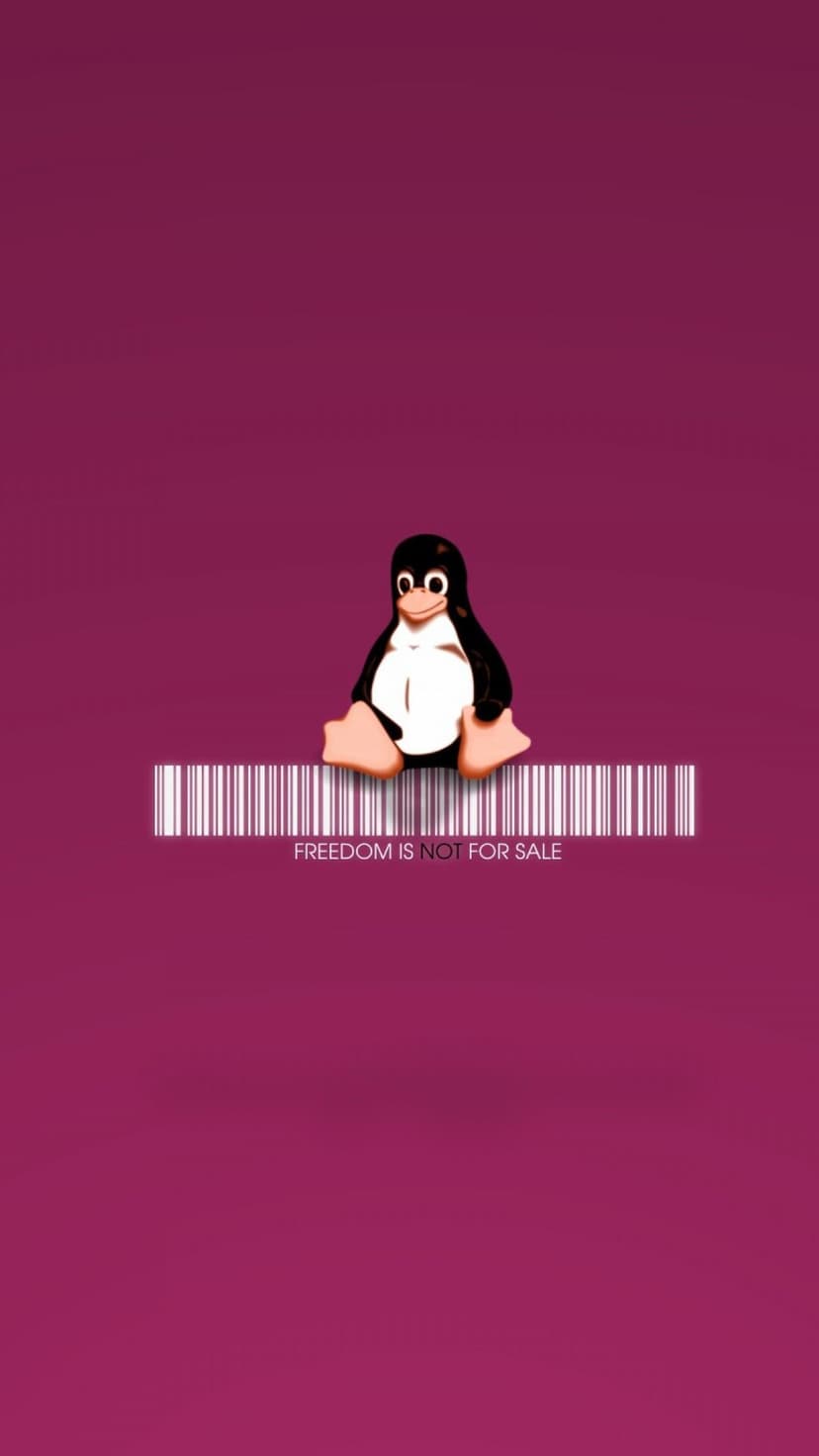 Tux the Linux penguin mascot sits atop a black barcode over a vibrant magenta field with white typography.