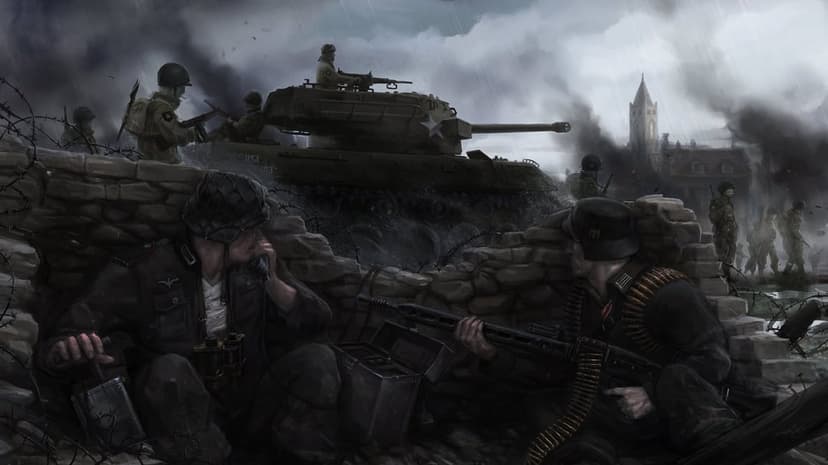 German soldiers in a rainy trench with an American tank passing by during a World War II battle scene.