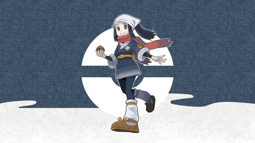 Akari in Survey Corps uniform holding a Hisuian Poké Ball against a blue textured Poké Ball emblem.