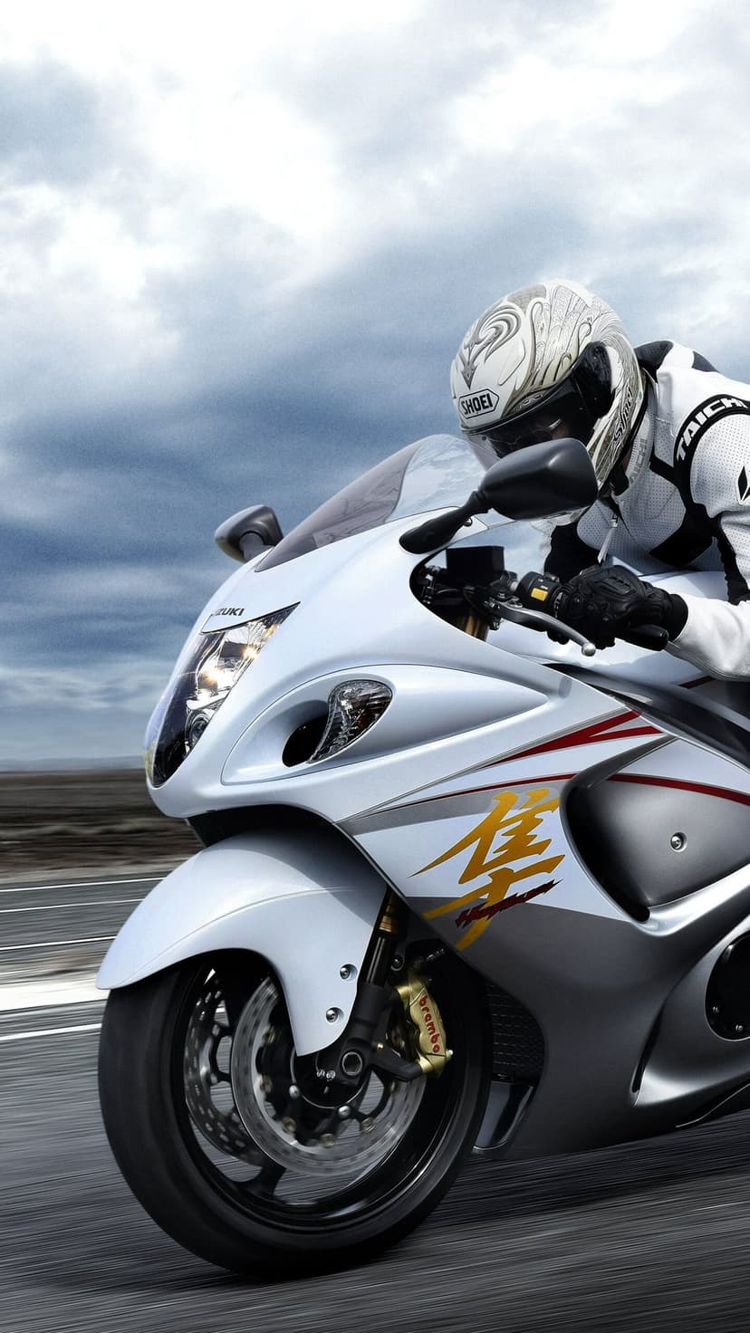 White Suzuki Hayabusa motorcycle speeding on a road with a rider in a Shoei helmet under a cloudy sky.
