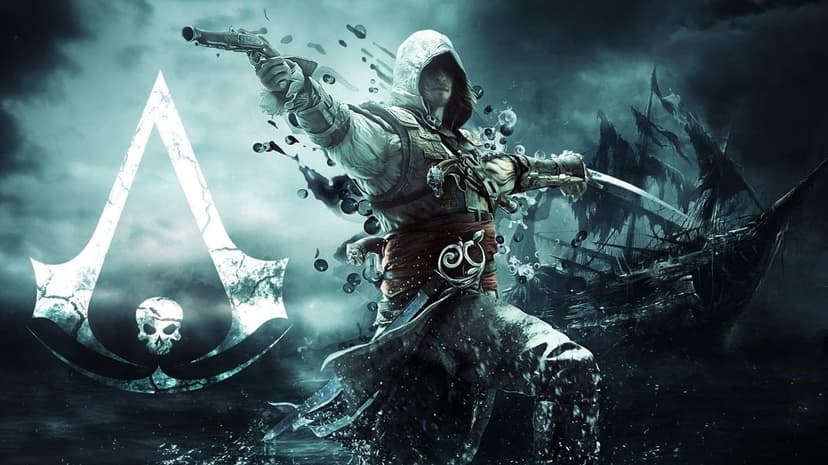 Edward Kenway aims a pistol and sword on a stormy sea with a pirate ship and large skull logo background.