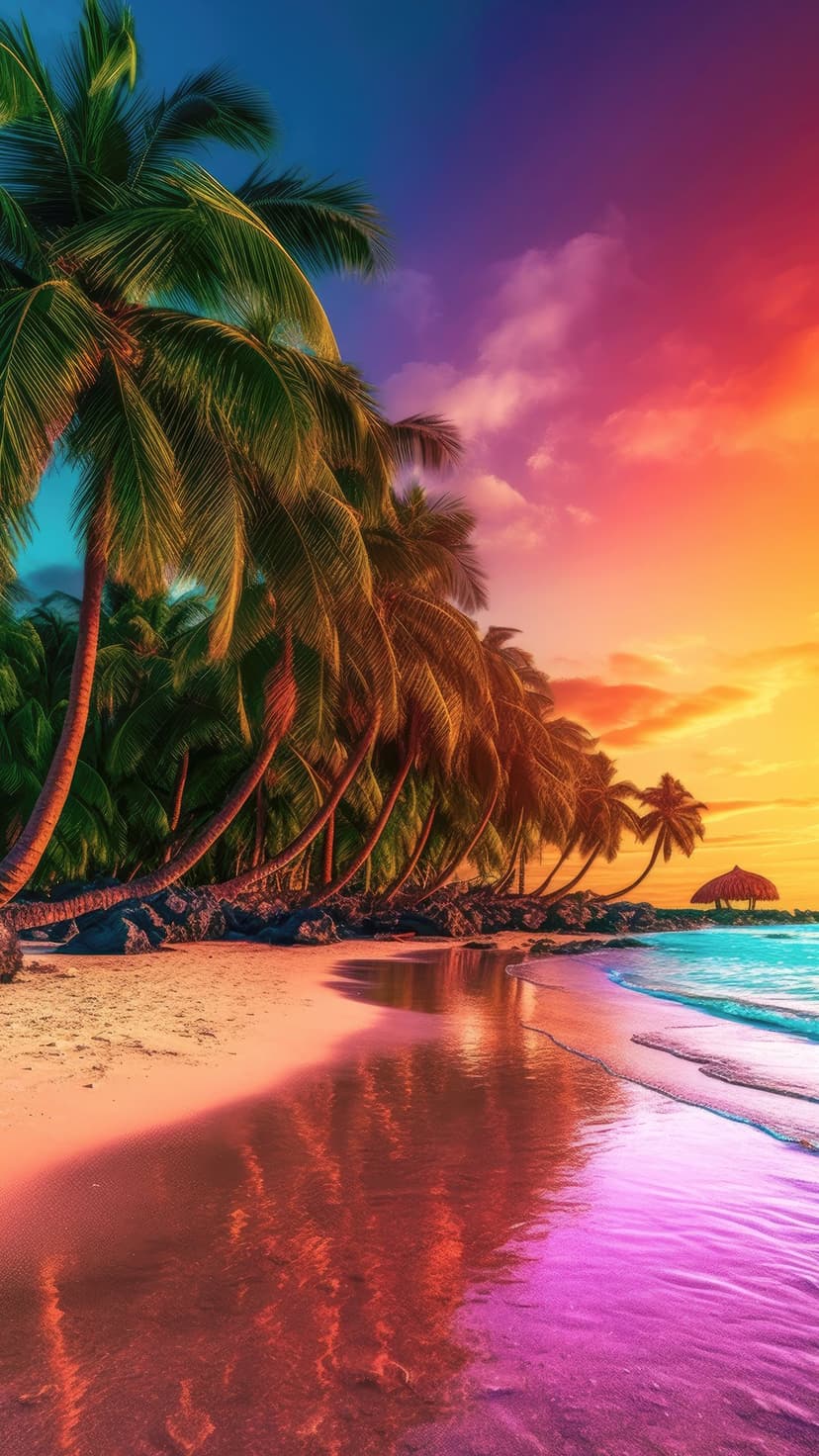 Palm trees silhouetted against a pink and orange sunset sky with a small beach hut by turquoise ocean water.