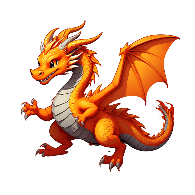Orange dragon chibi vector illustration with glossy scales, yellow eyes, and white outline in a dynamic pose.
