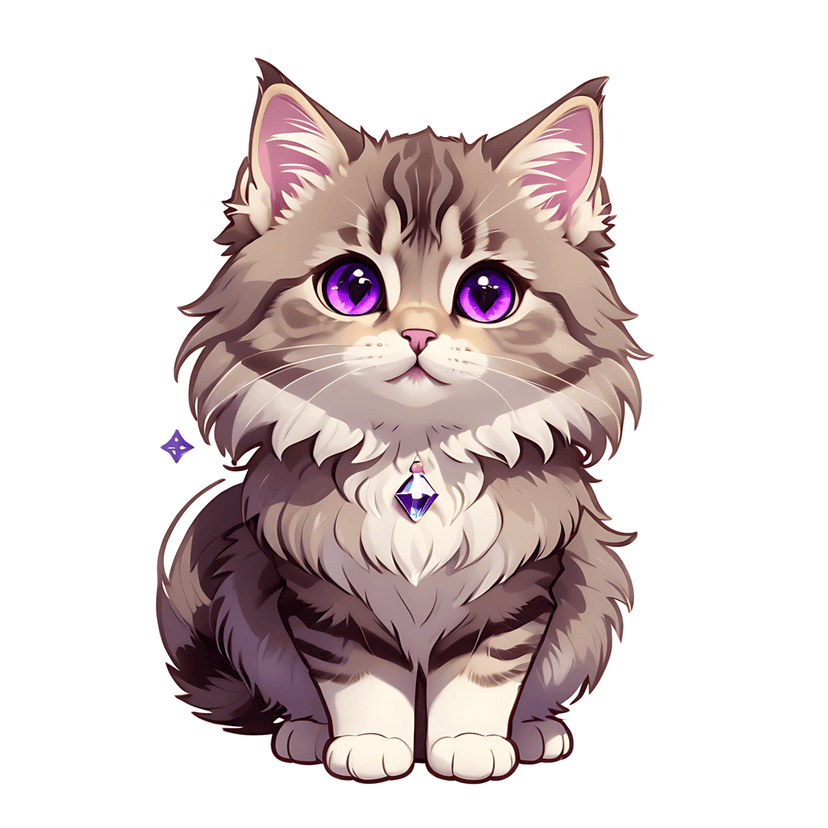 Tabby kitten sticker with brown stripes, purple eyes, and blue jewel pendant on a white die-cut border.