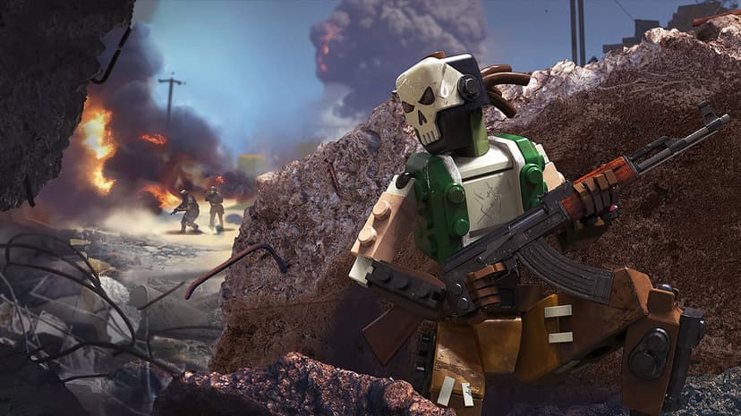 Blocky tactical soldier with a skull mask holding an AK-47 rifle behind rubble in a smoky war zone.