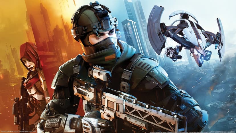 Soldier in green tactical gear holding a rifle next to a hovering drone against a split orange and blue city.