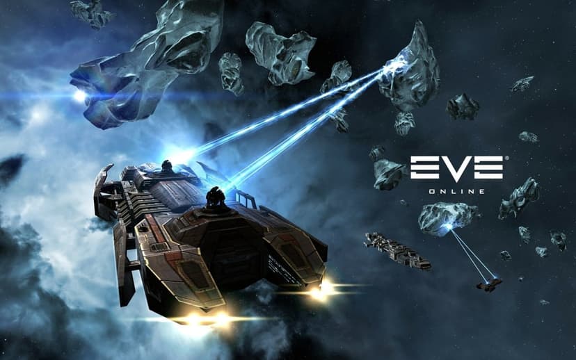 Industrial spaceships in EVE Online use blue lasers to mine asteroids against a blue nebula background.