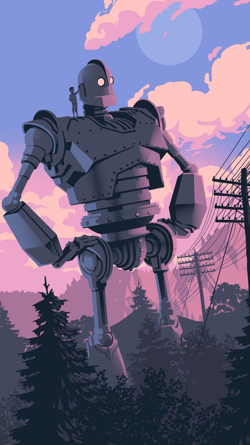 Giant metal robot stands in a hazy pine forest at sunset with a small child perched on its massive shoulder.