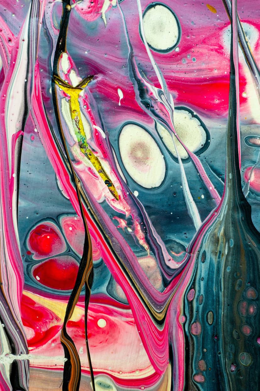 Pink, blue, and yellow acrylic paint swirls blend in a glossy, organic liquid marble texture with macro details.