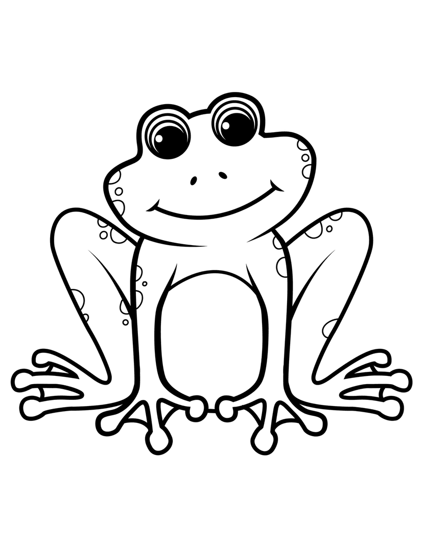 Frog line art illustration featuring a smiling amphibian with large circular eyes and spotted skin patterns.