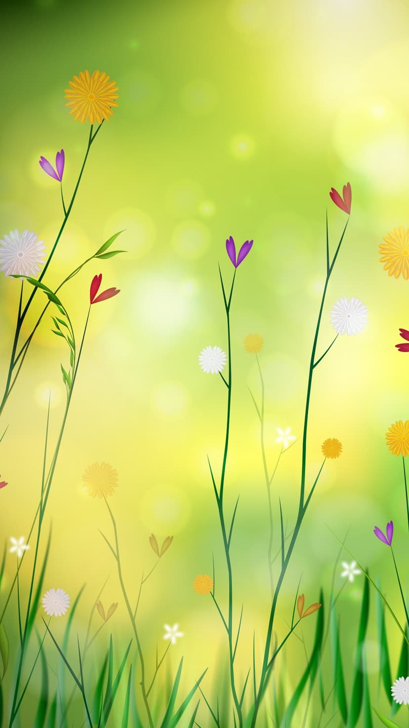 Wildflowers and green grass blades reach toward golden bokeh sunlight in a peaceful, sun-drenched spring meadow.