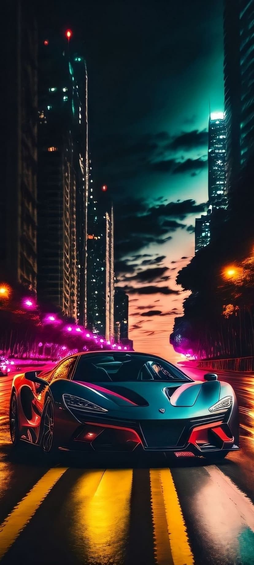 Red sports car with glowing accents speeds down a wet city street between glowing neon skyscrapers at night.