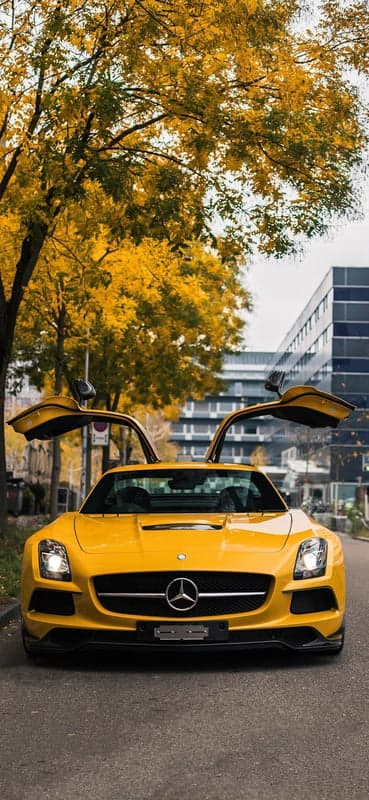 Yellow Mercedes-Benz SLS AMG Autumn Mobile Wallpaper