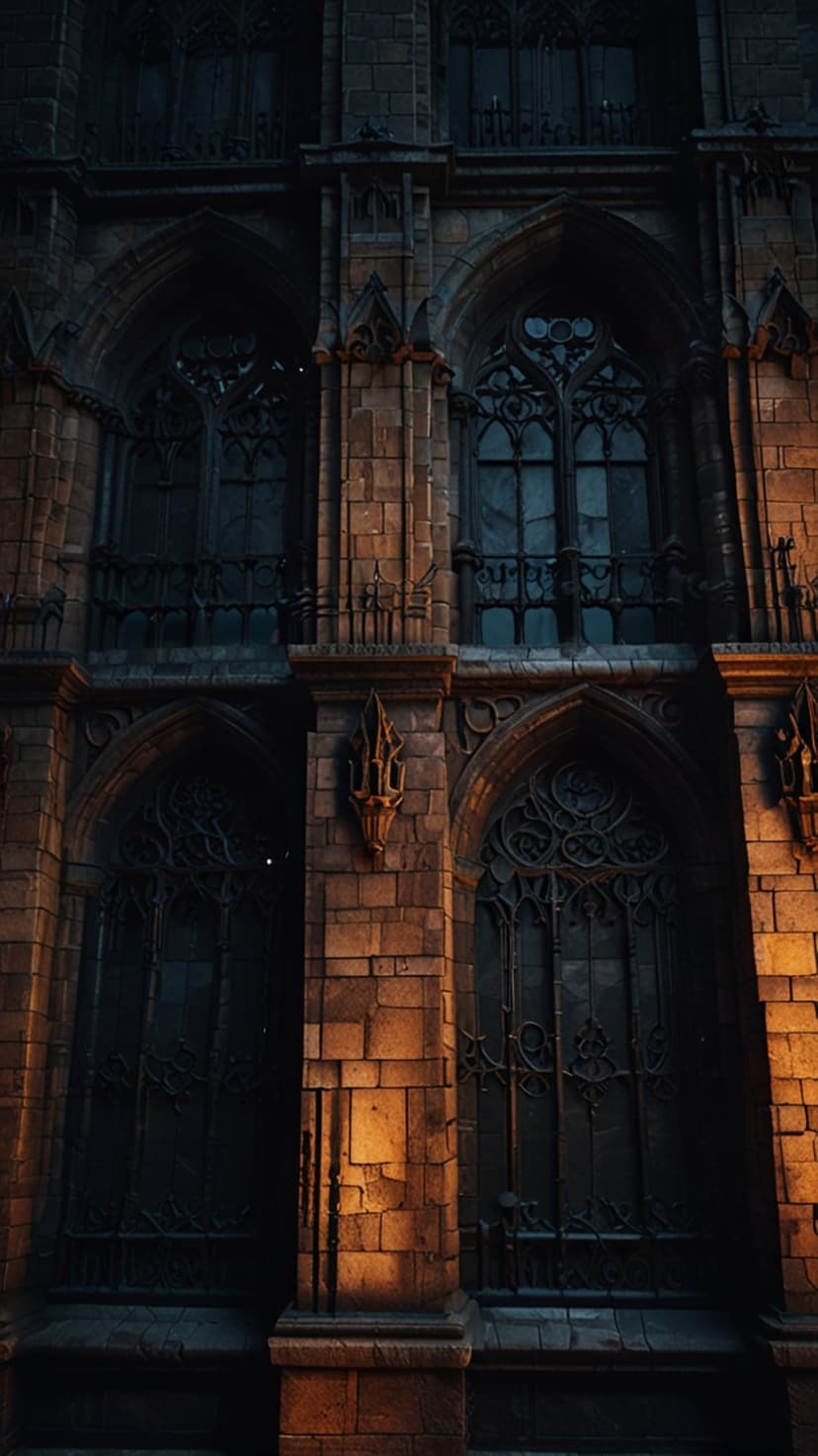 Gothic stone facade featuring pointed arched windows, intricate tracery, and weathered masonry in warm lighting.