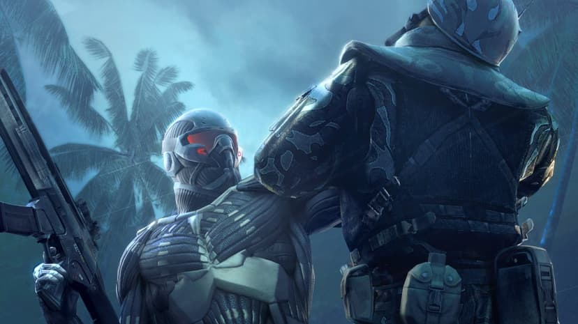 Nanosuit soldier holding a rifle and grabbing an enemy soldier amidst palm trees in a blue-lit tropical jungle.