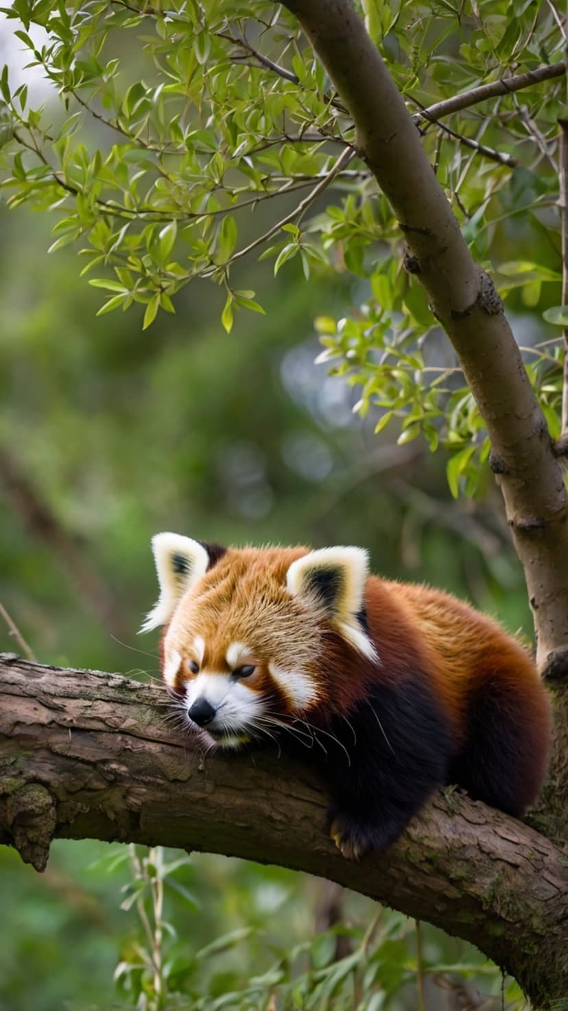 Red panda with rust-colored fur lies on a thick branch surrounded by blurred green forest leaves in the background.