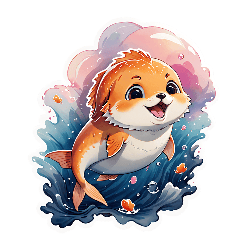 Orange goldfish sticker swims through blue water splashes with iridescent purple clouds and floating bubbles.