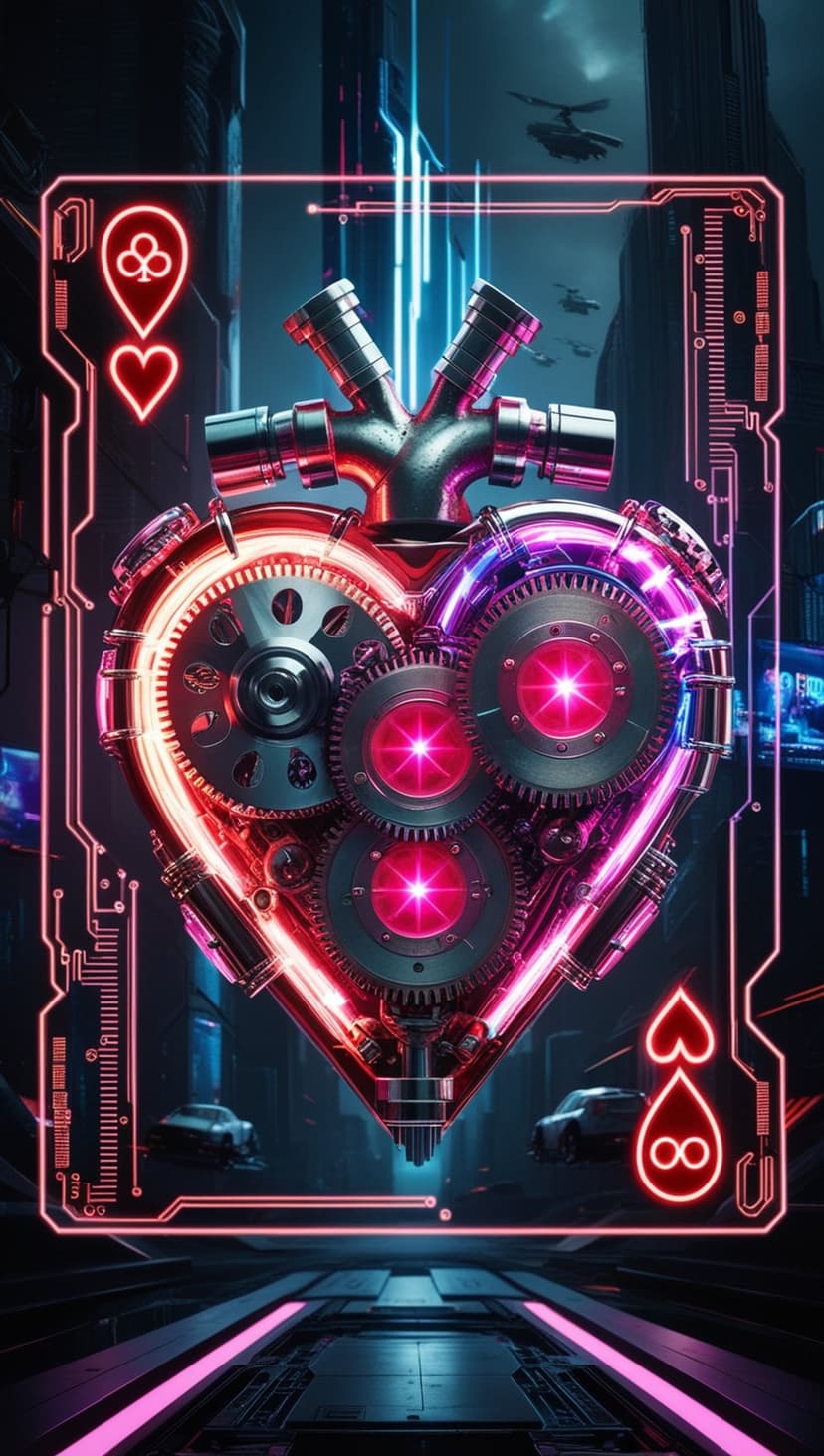 Mechanical heart with neon blue circuits on a playing card floating above a futuristic city with flying cars.