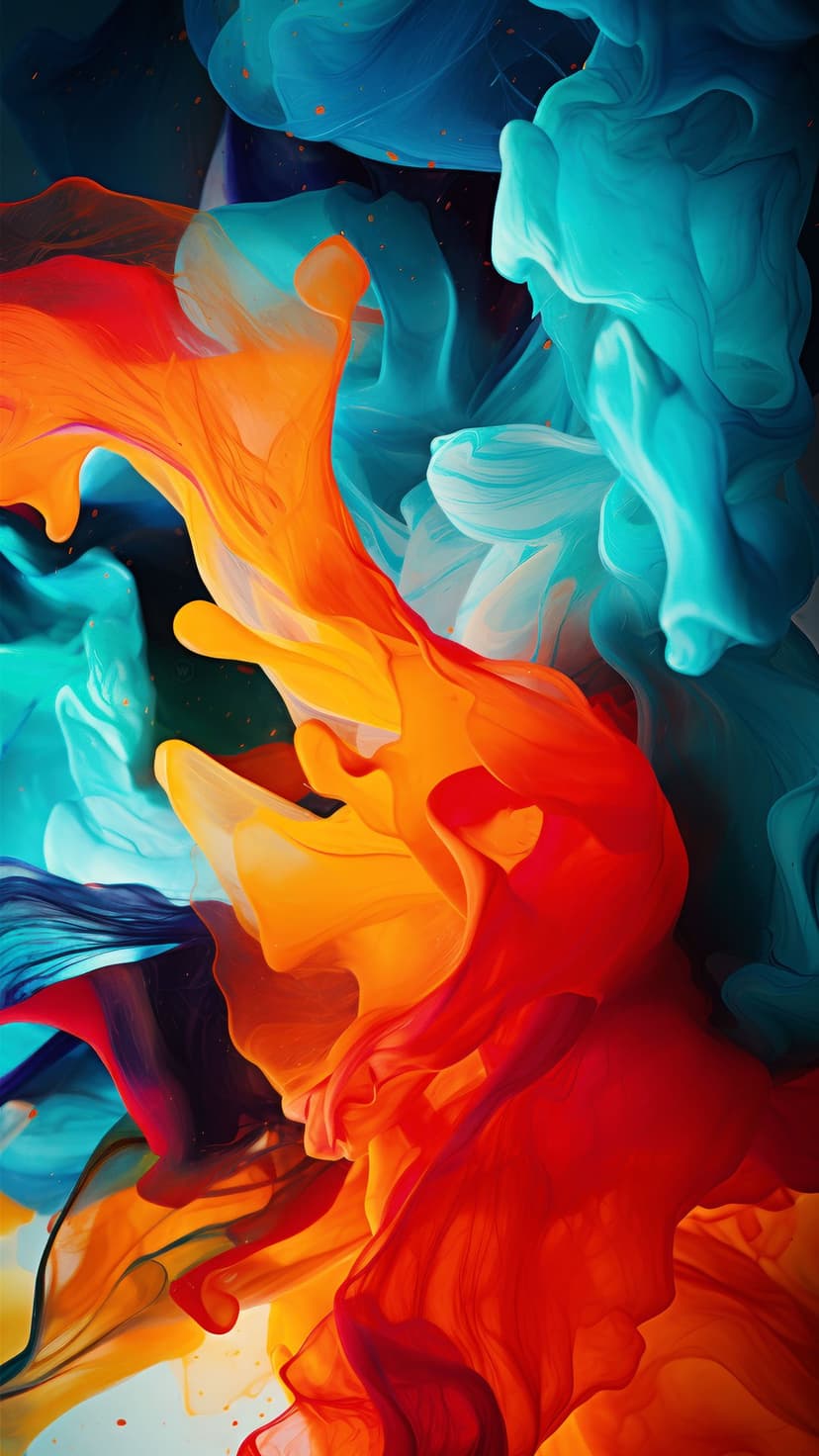 Orange and blue paint swirls intertwine in a dynamic fluid pattern with intricate liquid tendrils and textures.